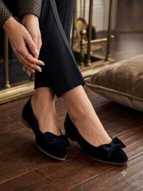 NIB Luxury Velvet Bow Ballet Flats Black Leather Sole EU 37